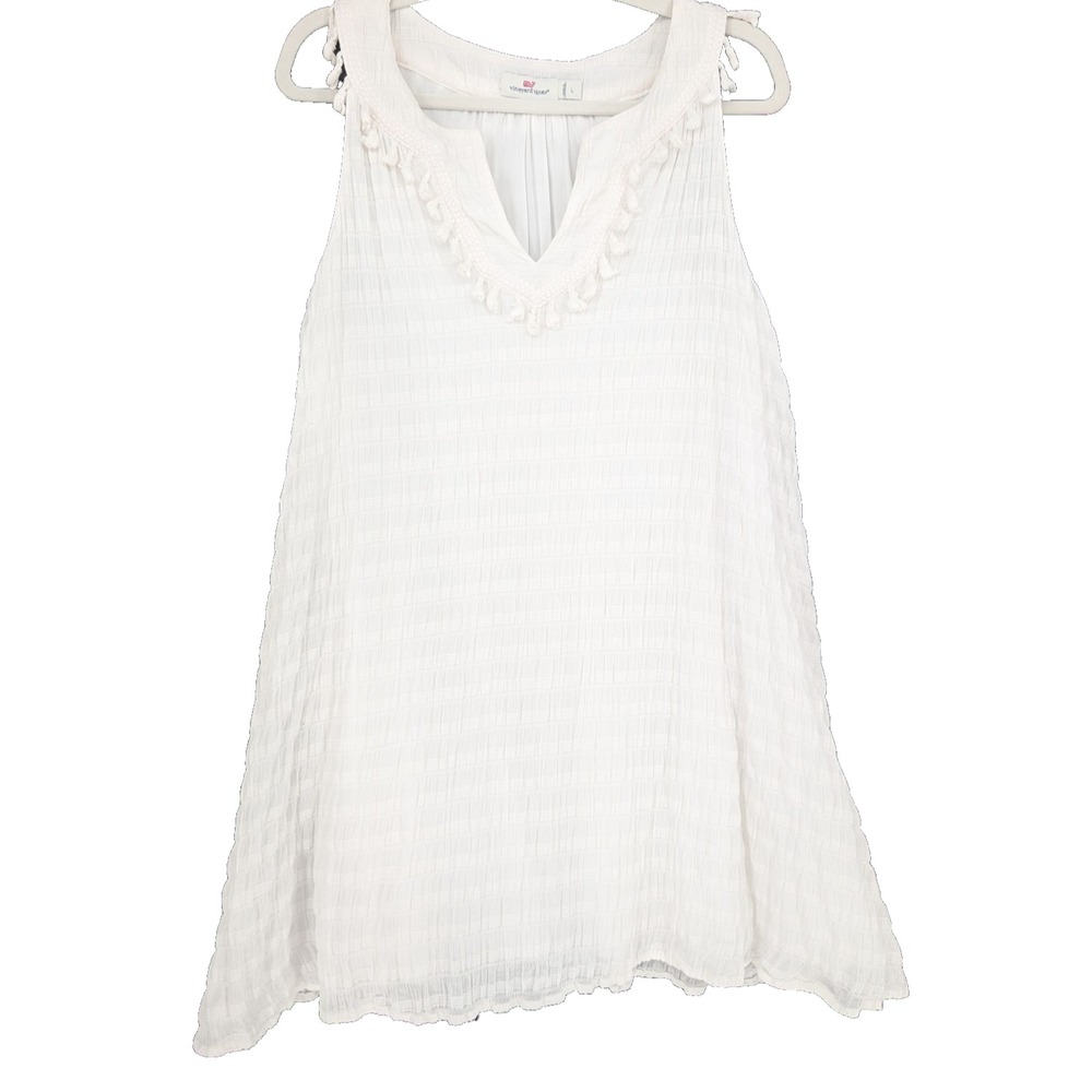 Vineyard Vines St Barths Tassel Stretch White Cotton Dress Preppy Coastal Large